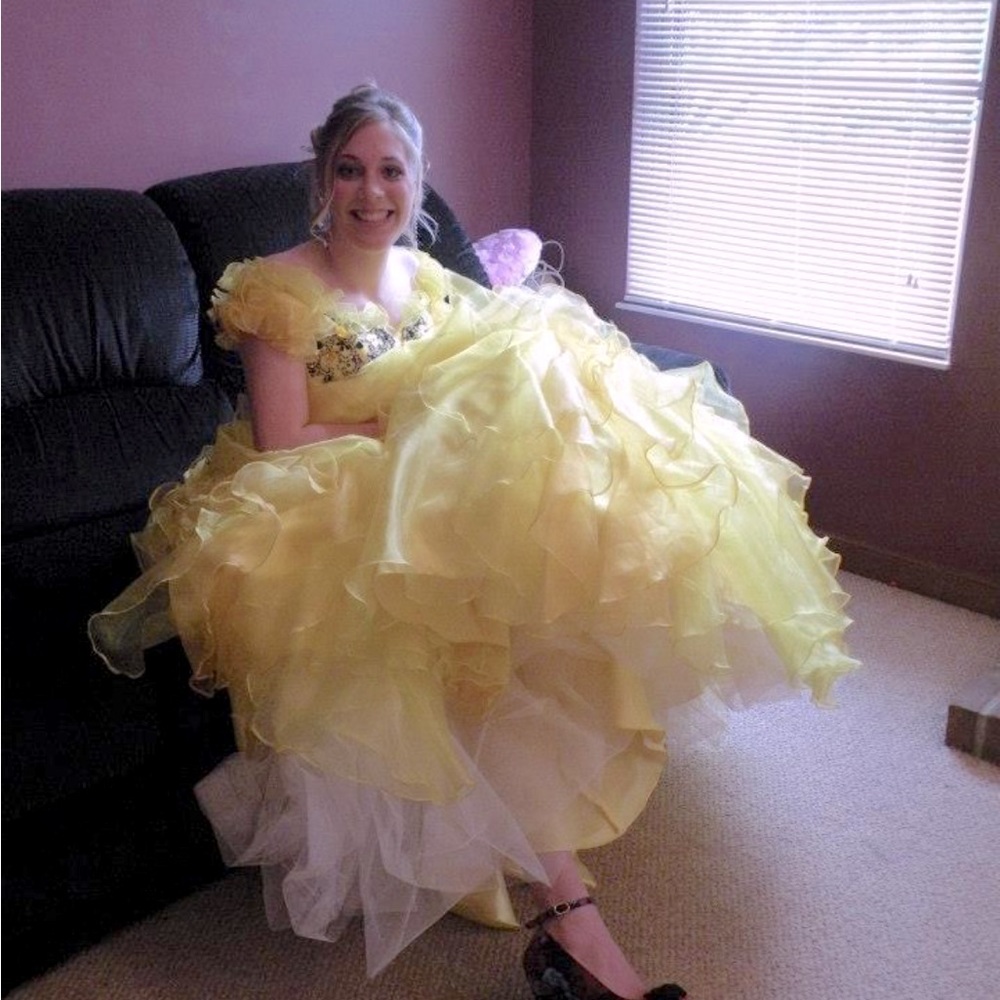 Uniquely Yours,Yellow Embellished Ballgown Prom Dress, corset back & OTS detail - Picture 7 of 8